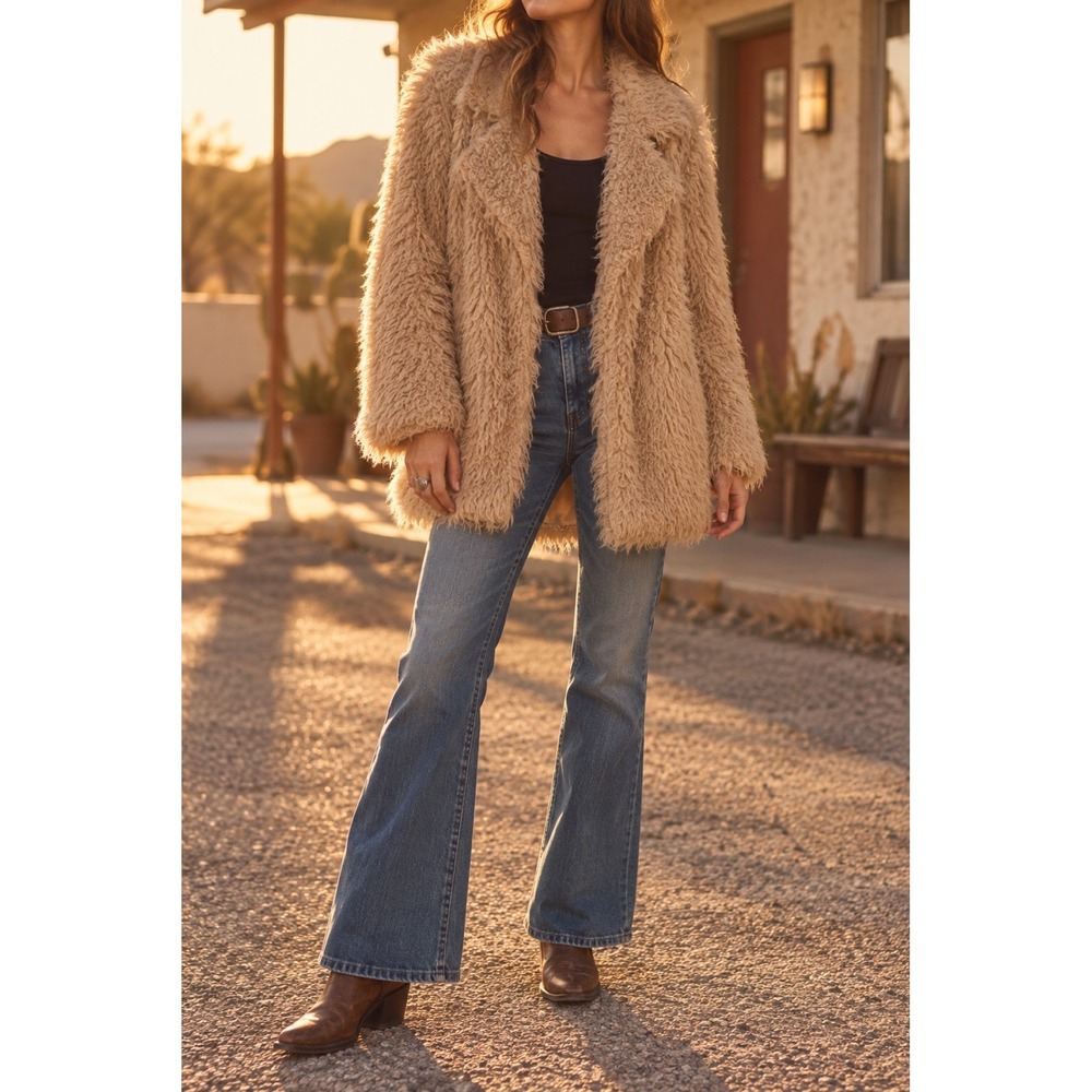 Penny Lane Shag Faux Fur Tan Open Jacket Rockstar Girlfriend Americana Indie S